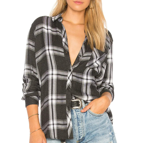 Rails Hunter Plaid Shirt Women's Size Medium Ash Gray Bone Rayon Button Front - Picture 1 of 10